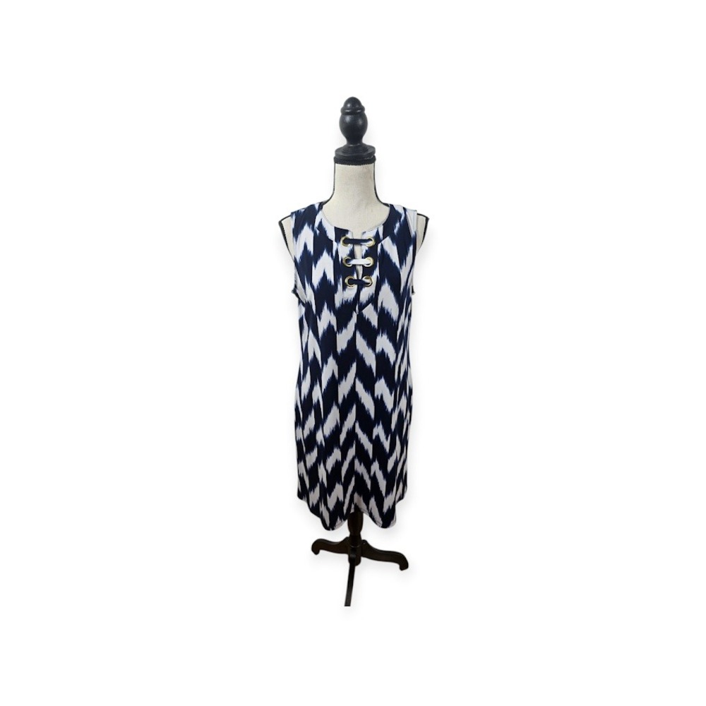 Michael Kors Dress Womens Medium Navy Ikat Chevron Grommet Sleeveless‎ Shift